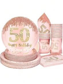 10 件女士 50 岁生日装饰玫瑰金 50 岁纸盘杯子餐巾餐具玫瑰金装饰品女士母亲 50 岁生日派对用品 - 彩色 - 查看 2