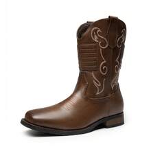 Men's Cowboy Boots Western Fashion Round Toe Slip On Chunky Heel Waterproof Classic Mid Calf Boots - 棕色 - 查看 5