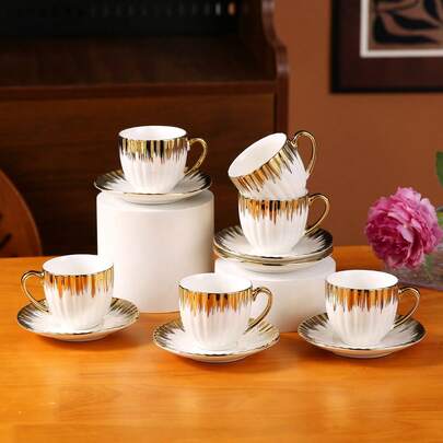90-100ml/3.1-3.3oz Luxury Gold-Plated Ceramic Coffee Cup & Saucer Set, Suitable For Espresso, Turkish Coffee, Americano, Latte
