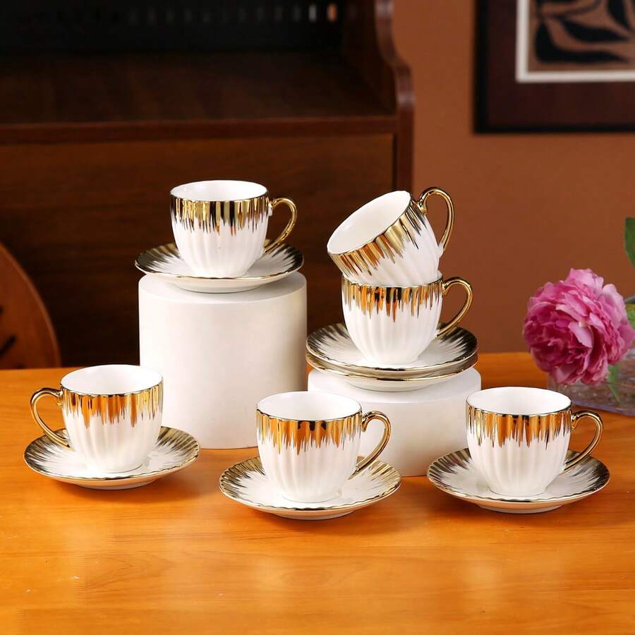 90-100ml/3.1-3.3oz Luxury Gold-Plated Ceramic Coffee Cup & Saucer Set, Suitable For Espresso, Turkish Coffee, Americano, Latte - Type C - View 1