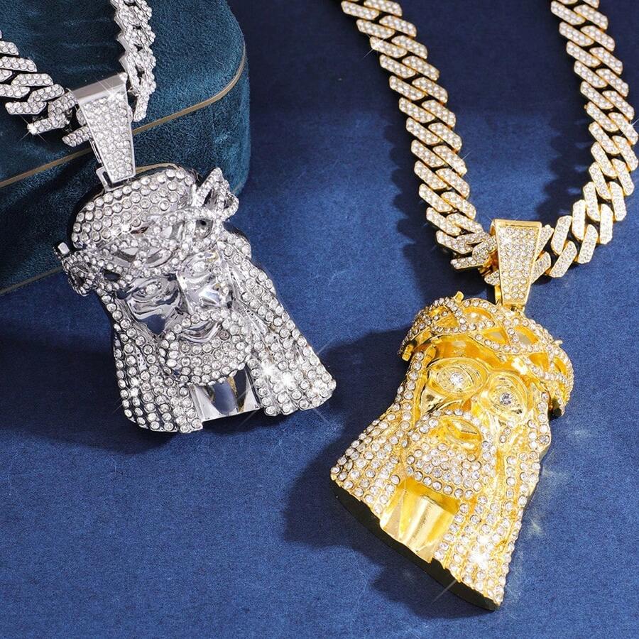 1 szt. lśniący hip-hopowy wisiorek religijny z portretem Jezusa na łańcuszku kubańskim, modny dodatek dla mężczyzn i kobiet, odpowiedni na festiwale, imprezy i na zewnątrz