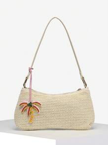 1 件女士复古度假海洋生物和水果串珠装饰单肩/腋下法棍包，适合约会、郊游、度假、珠子、镶嵌珠子、手工指甲珠