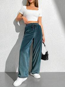 Pantalones de terciopelo para mujer, cintura alta, pierna ancha, casual, con cordón, terciopelo, con bolsillos - Verde - Ver 1