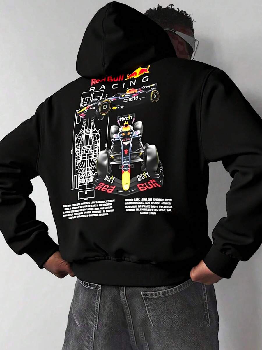 Sudadera Con Capucha De Cuello Redondo Para Hombre Con Estampado De Speed Life RED BULL Bolsillo Canguro Y Cordón, Manga Larga, Suelta Y Casual, Ideal Para Regalar Como Ropa De Hombre - Negro - Ver 1