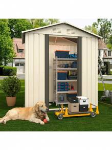 1-Piece Outdoor Storage Shed With Lockable Door, Durable Metal Construction, Pent Roof Design, Spacious Garden Tool Organizer For Backyard Use, 5FTx3FT Beige, Camping Accessories - default - View 3