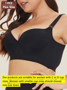 1pc Plus Size Seamless Wireless Padded Bra With Underwire, Lift & Enhance Cleavage, Deep V-Neck Design, Smooth Finish - Black - View 1