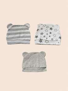 3/6件装 可爱卡通熊耳新生儿帽子 柔软男女宝宝帽子 针织帽 纯色婴儿帽 新生儿摄影帽 0-3个月 - 彩色 - 查看 20