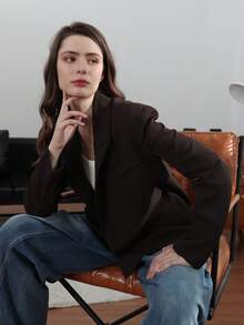 HH Women's White Turn-Down Collar Long Sleeves Lace-Up Blazer - Mocha Brown - View 7