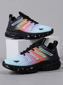 秋冬女士优质彩虹低帮系带运动鞋，经典舒适透气软底休闲网球跑步运动鞋，适合所有季节。时尚气垫减震百搭鞋 - 黑藍 - 查看 4