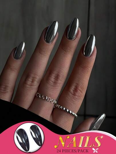 24 piezas Juego de uñas postizas de almendra larga con acabado metálico cromado plateado, uñas falsas de gel reutilizables, aplicación fácil y cómoda, incluye pegamento de gelatina y lima de uñas, perfecto para todas las mujeres, fiestas, celebraciones y uso diario para unas puntas de los dedos impresionantes