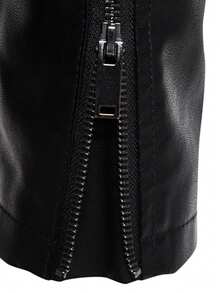 Men's Stand Collar Fitted Faux Leather Rave Jacket With Zipper Pockets, Motorcycle Style Men Zip Up PU Leather Jacket