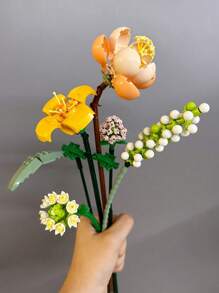 1 Box Miniature Building Blocks Artificial Flowers Bundle Diy Unique Decor For Home, Plant Series, Suitable As Home Decoration, Girlfriend's Gift, Mother's Day Gift, Birthday Gift, Toy, Lavender And Pink Rose Room Decoration