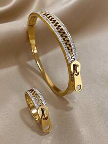 Stainless Steel Zipper Bracelet & Ring Set, Women - Luxury Geometric Pattern Jewelry, Adjustable Layered Boho Style, Mother's Day Gift, Essential For Summer Beach Party, Travel & Graduation, Teacher's Day Gift - Multicolor - View 2