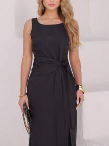 Women's Dress With Sophisticated Fit And Front Knot Knot Knot At The Front - 黑色 - 查看 4