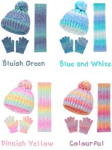 Set de 4 piezas de gorro de punto, guantes y bufanda de invierno con pompones para niños, gorro de bebé de color degradado de polar grueso con una sola bola, conjunto de bufanda con capucha de punto para niñas/niños - Multicolor - Ver 3