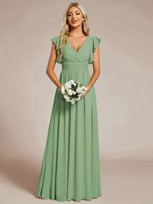 Đầm phù dâu bằng chiffon tay ngắn cổ chữ V, thiết kế hở lưng xếp ly, vạt bất đối xứng, thích hợp cho đám cưới, các dịp đặc biệt, tiệc tối trang trọng, mẹ cô dâu, khách dự đám cưới. - màu xanh lá - Xem 7