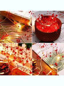 带灯圣诞花环 5 英尺节日灯浆果串珠花环圣诞装饰品适用于室内家居壁炉节日派对装饰，非常适合礼品包装、新年礼物、婚礼甜点桌、蛋糕装饰、生日派对、节日装饰灯串、圣诞节（红色） - 紅色暖白 - 查看 8