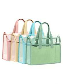 1 件透明防水 PVC 手提袋，带可扩展网眼储物袋 - 便携式办公用品、学校文件等 - 粉色、绿色、蓝色、黄色可选，文件储物袋 | 时尚储物袋 | PVC 储物袋、返校、学校用品