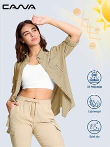 Cavva Women's Quick-Dry Water-Resistant Fishing Shirt Lightweight Breathable Mesh-Like Texture Slightly Loose Fit Convertible Roll-Up Sleeves 2 Hook-And-Loop Chest Pockets Rod Holder Patch Adjustable Button Cuffs Outdoor Hiking Casual - Khaki - View 6