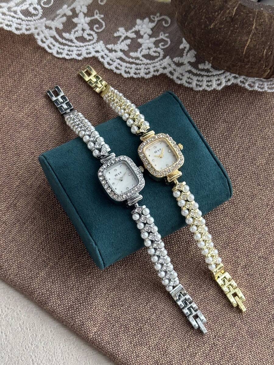 1 pieza Reloj de mujer cuadrado con perla/Reloj minimalista dorado con esfera pequeña para uso diario y regalo/Boda/Fiesta