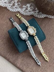 1 pieza Reloj de mujer cuadrado con perla/Reloj minimalista dorado con esfera pequeña para uso diario y regalo/Boda/Fiesta