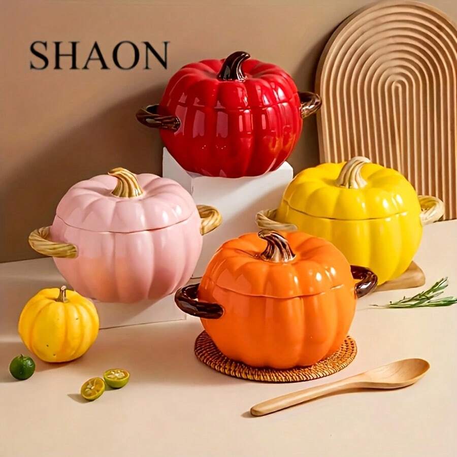 1 套带盖陶瓷汤碗创意南瓜造型家用带耳汤碗。 - 彩色 - 查看 1