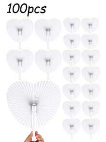 1/5/10/20/30/40/60 piezas Abanico de papel blanco con forma de corazón plegable, abanicos de papel de verano, abanicos plegables a granel de mano blanca con mango de plástico para decoración de boda, fiesta, cumpleaños, ceremonia de boda, mejor regalo