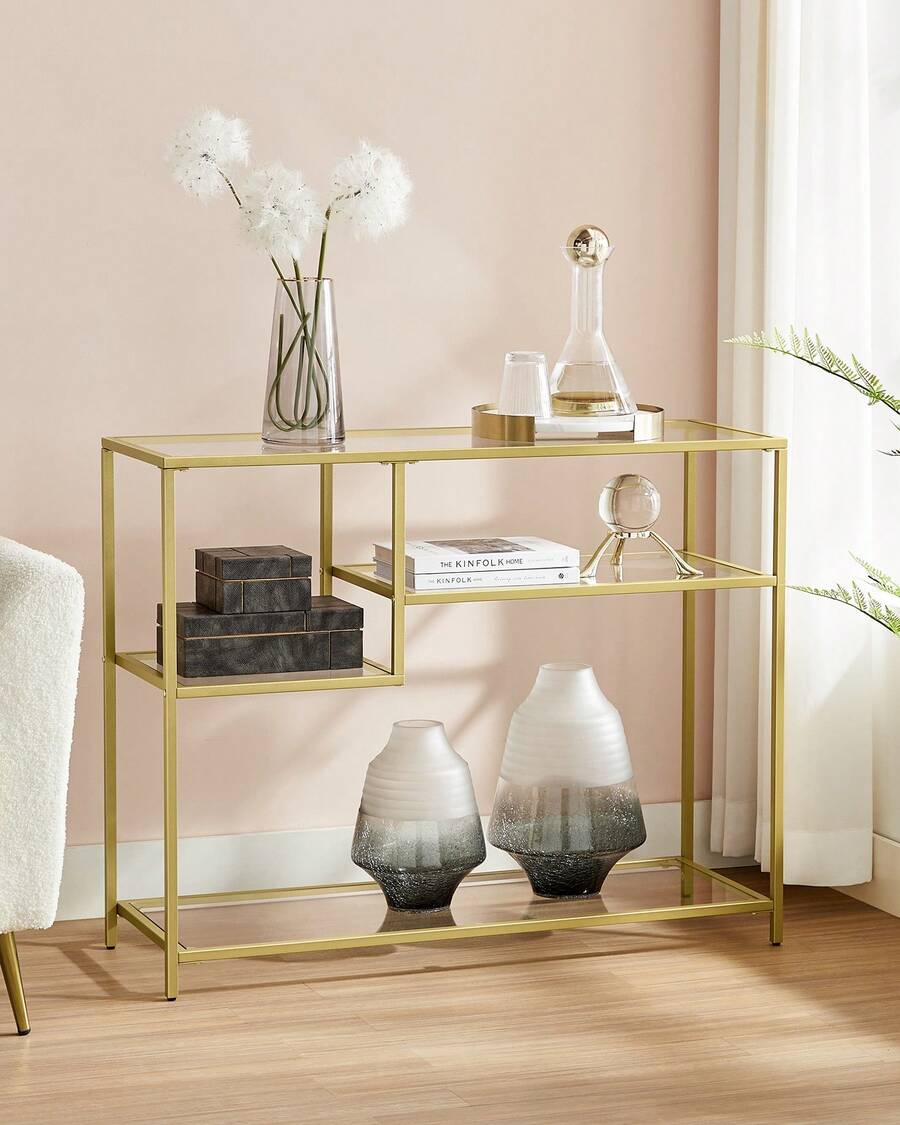 Consolle, tavolino da corridoio, in vetro temperato, struttura in metallo, con ripiani, 35 x 100 x 80 cm, moderno, per ingresso e soggiorno, colore oro - Dorato - Visualizzare 1