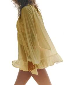 Womens Y2K Sheer Mesh Frill Shirt Tops Solid Color See Through Long Puff Sleeve V Neck Ruffle Hem Loose Fit T Shirts Blouses Boho Peplum Shawl Shirts With Scarf Set Fall Going Out Tops Beach Cover Up Vacation Streetwear - 黃色 - 查看 3