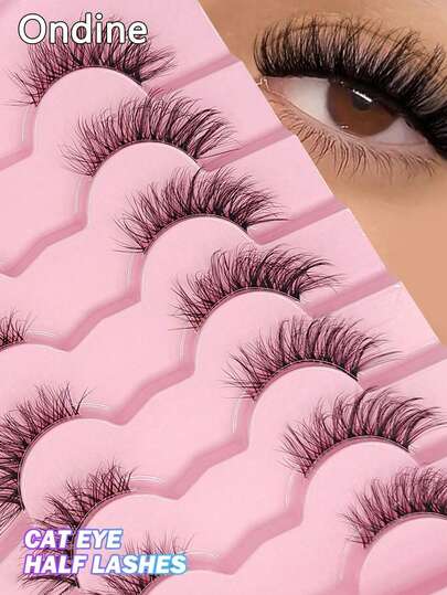أندين 7 أزواج من الرموش النصفية ذات الشريط الشفاف، طبيعية ناعمة خفيفة ذات تأثير عين القطة، مصنوعة من الفرو الاصطناعي، ذات حجم وكثافة عالية، رموش نصفية مزيفة