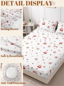 1 pieza Sábana ajustable, Ropa de cama elegante y femenina con estampado de cerezas, Protector de colchón, Cubrecama, Sábanas, Textil para el hogar acogedor, Piel amigable, Blanco, Protector de colchón transpirable y anti-pelusas, Decoración del hogar, Cubrecama decorativo para dormitorio, Se ajusta a todos los tamaños de cama - Individual, Doble, Queen, King, Apto para todas las estaciones, Lavable a máquina