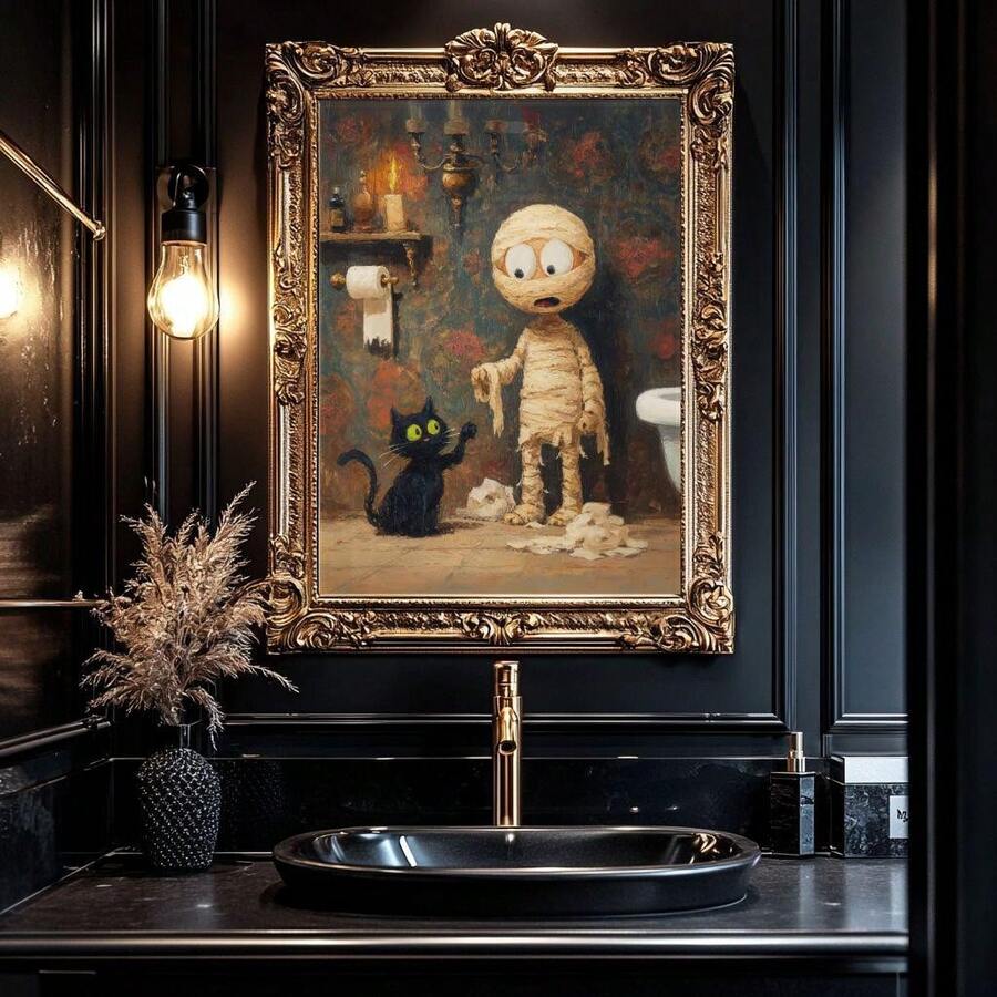 1PC Halloween Cat And Mummy Print, Funny Bathroom Decoration, Scary Halloween Decoration, Cat Lover Halloween Gift, Cat Litter Box Humor, Canvas Wall Art, Posters For Room, Home Decoration, Room Decoration Aesthetic, Room Decoration Stuff. Optional Frame