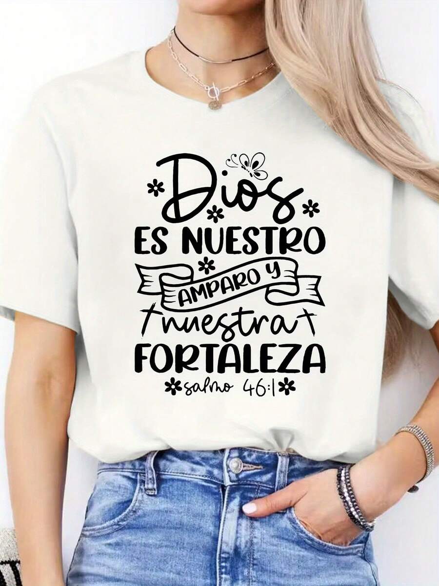 Spanish Letter Print Spring Summer Casual T-Shirt Round Neck Short Sleeve Sports T-Shirt Women's Top