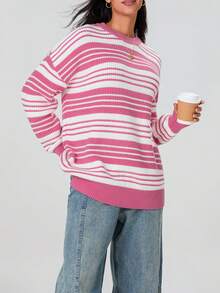 Suéter de rayas de gran tamaño para mujer, cuello redondo, manga larga, jersey de punto, ropa de calle informal para invierno y otoño - Rosa - Ver 1