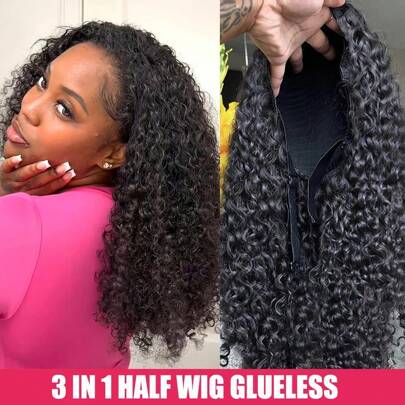 LOOKEYEME Kinky Curly Half Wig Human Hair 3 In 1 Glueless Wig 200 Density Seamless Flip Over Curly Half Wig For Women Drawstring Wear And Go Glueless Wigs Human Hair Beginner Friendly
