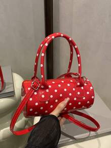 Fashionable Polka Dot Women's Boston Handbag, Stylish & Versatile Cylindrical Tote Bag, Lightweight Women's Shoulder Bag - Red - View 5