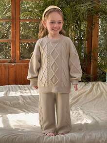 DAZY Young Girl Solid Color Sweater And Pants Set, Casual, Autumn/Winter - Khaki - View 4