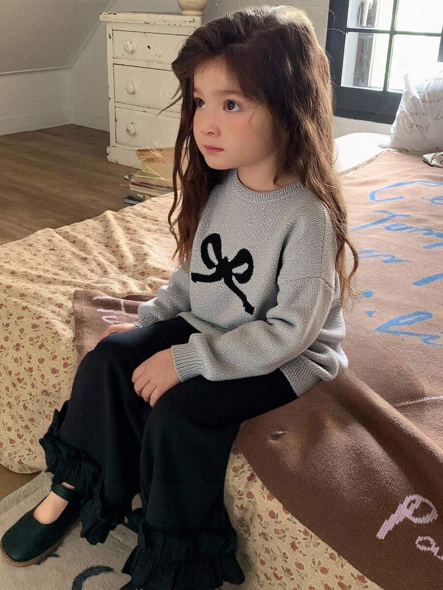 DAZY Áo len dệt kim nơ cho bé gái, mùa thu - Xám - Xem 1