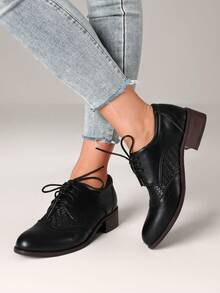 Women's Pointed Toe Lace-Up Brogue Pumps Fashion Mixed Colors Patchwork Block Chunky Heel British Style Flat Oxford Shoes - Black B - 查看 2