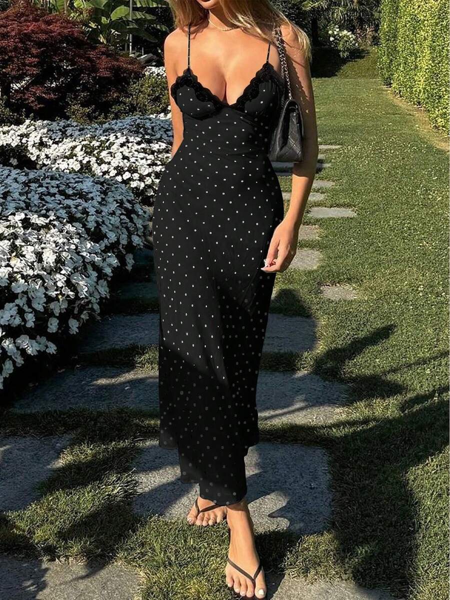 Yuwenier Elegant Romantic A-Line Satin Polka Dot Print Long Dress Backless Colorblock Lace Splicing Spaghetti Strap Backless Vacation Sundress