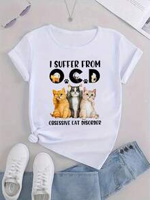 Camiseta gráfica "Sufro de TOC" para hombres y mujeres con gatos de dibujo animado - Casual, de manga corta, cuello redondo, comodidad para todas las estaciones, ropa casual de vacaciones, ropa casual| Diseño Juguetón| Cómodo - Negro - Ver 11