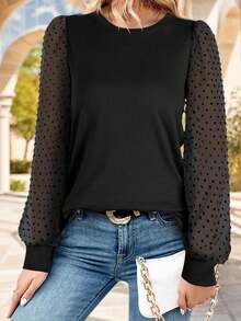 tooluck Long Sleeve Shirts For Women Tops Tunic Fall Crew Neck Clothes Black - 黑色 - 查看 3