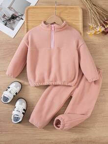 Set de 2 piezas de sudadera y pantalones de felpa para niñas, conjunto informal de cuello alto, cálido, suave y cómodo para otoño/invierno