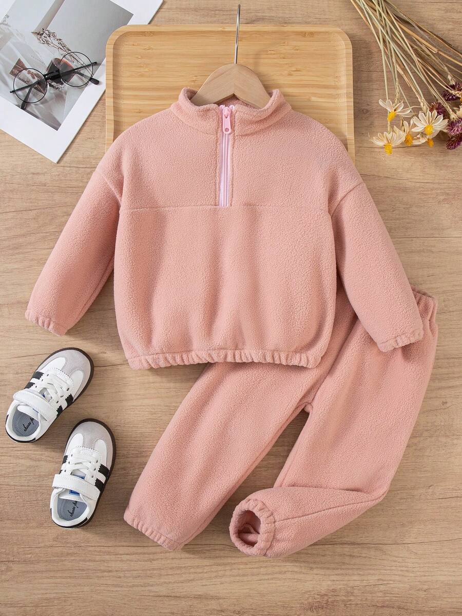 Set de 2 piezas de sudadera y pantalones de felpa para niñas, conjunto informal de cuello alto, cálido, suave y cómodo para otoño/invierno