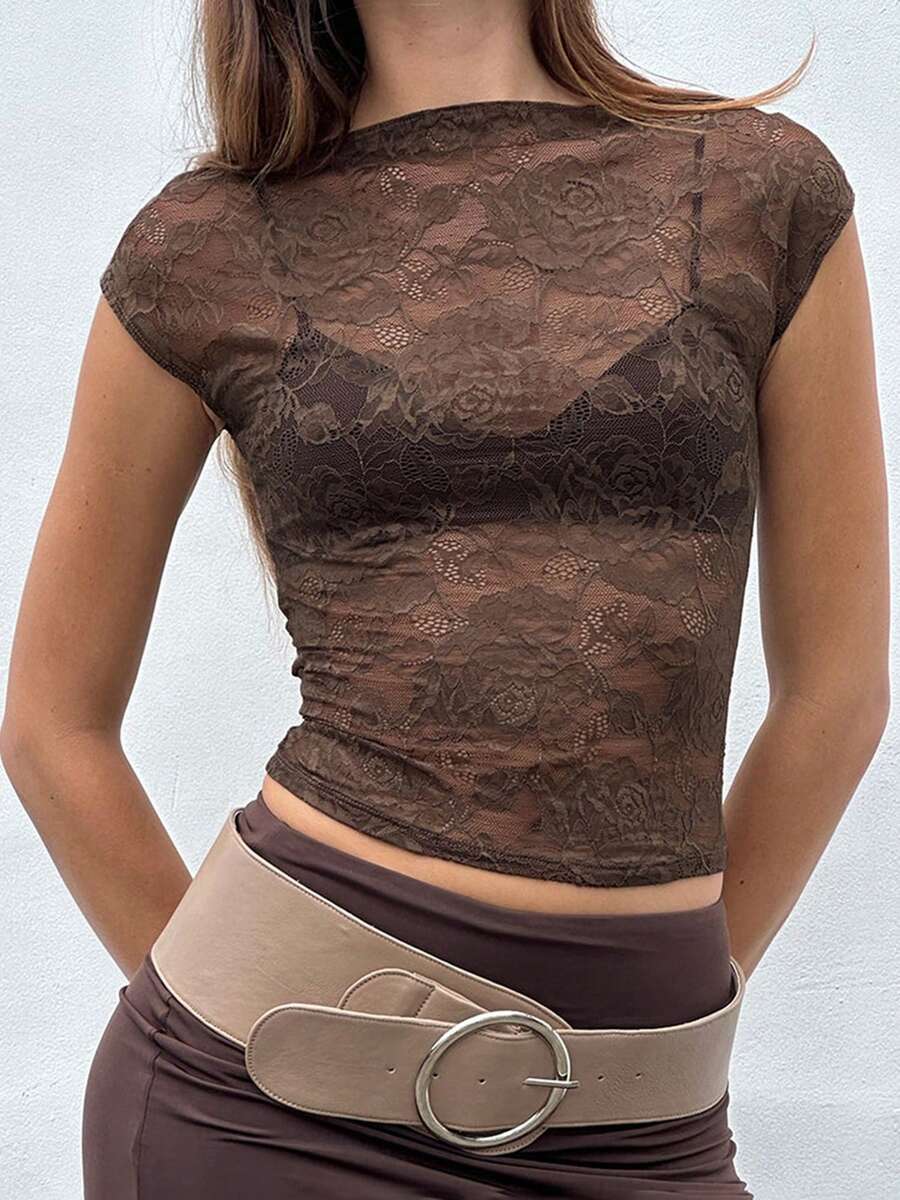 Women's Sheer Lace Tops Cap Sleeve Scoop Neck Solid Color T-Shirts Blouses - màu nâu - Xem 1