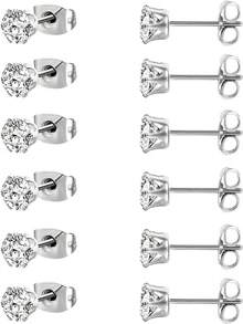 MDFUN 6 Pairs Stud Earrings Sets 3-8MM 18K Gold Plated Round 5A+ Cubic Zirconia Earrings CZ 6 Prong Ears Jewelry Women - 6MM-白金 - 查看 1