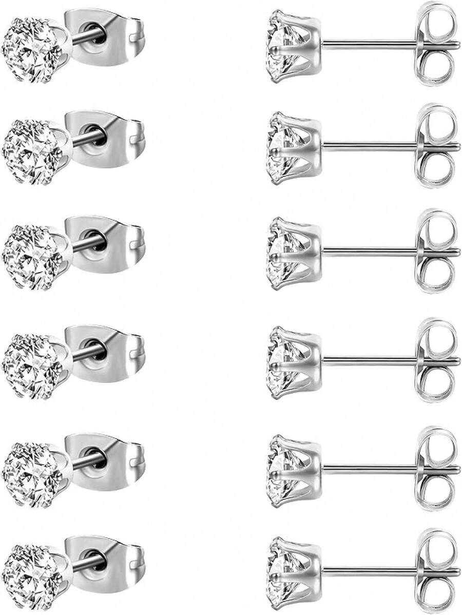 MDFUN 6 Pairs Stud Earrings Sets 3-8MM 18K Gold Plated Round 5A+ Cubic Zirconia Earrings CZ 6 Prong Ears Jewelry Women - 6MM-白金 - 查看 1