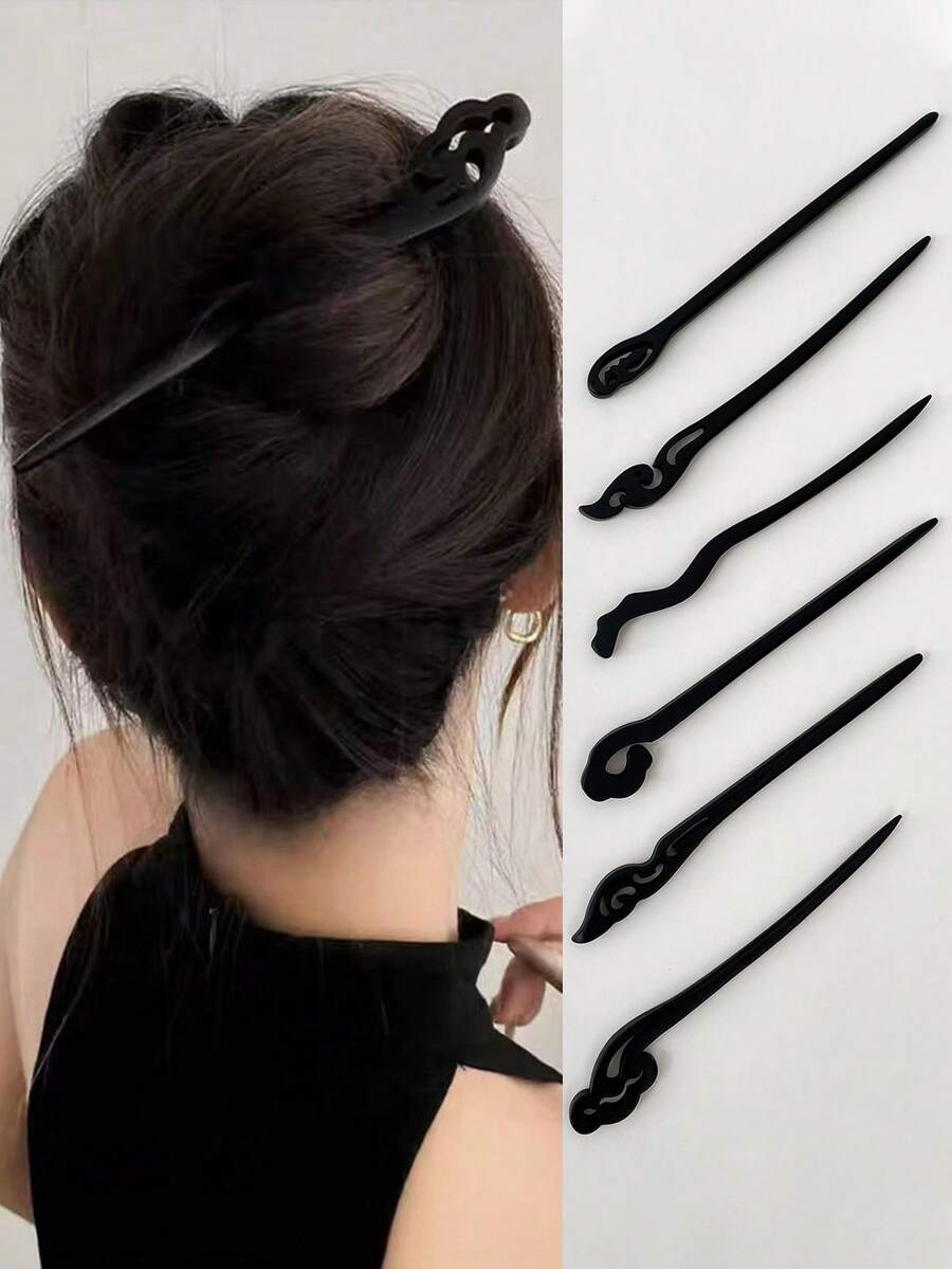 6pcs Women's Black Elegant Minimalist Wooden Hair Clips, Suitable For Daily Use, Recommended As Gift Hair Accessories, Bun Extension, Hair Bun Maker, Bun Hair Piece, Hair Styling Pins, Pins For Hair, Bobby Pins, Hairpin - 黑色 - 查看 1