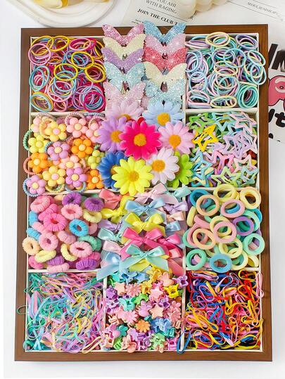 130/905件可爱彩色女童公主发饰套装，包含亮片蝴蝶发夹、向日葵发夹、多巴胺蝴蝶发夹、花朵发圈、迷你小发爪和多色发带，适合女童日常、派对、外出搭配