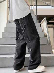 Pantalones vaqueros holgados para hombre con bordado de relámpago y patrón de cruz desgastado. - Negro - Ver 2